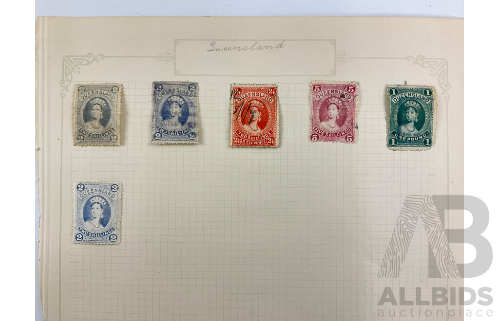 Australian Colonial Queensland Stamps Including QV, Chalon Head, Hand Cancel, Half Penny to One Pound