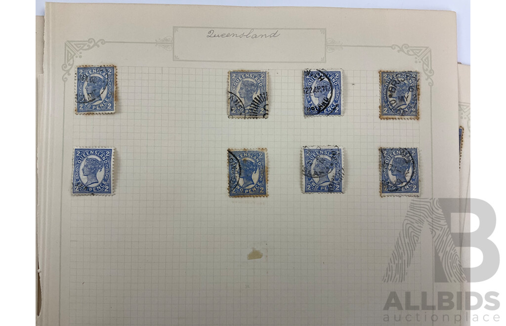 Australian Colonial Queensland Stamps Including QV, Chalon Head, Hand Cancel, Half Penny to One Pound