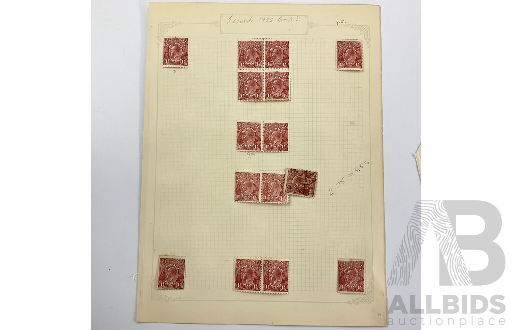 Australian KGV Stamps, 1914 - 1922, Mint Hinged Blocks, Half to Five Penny, Various Water Marks