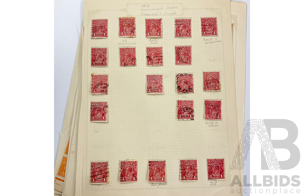 Australian KGV Stamps, 1914 - 1922, Mint Hinged Blocks, Half to Five Penny, Various Water Marks