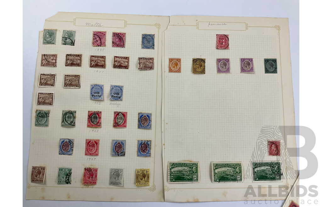 Collection of Vintage and Antique Commonwealth QV/KGV/KGVI Stamps Including Jamaica, Malta, Leeward Islands, Levant, Newfoundland, Overprints, Official, War Tax