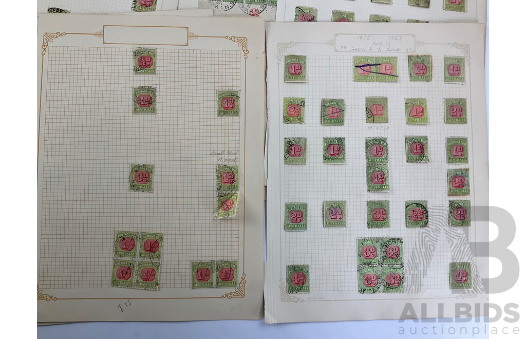 Collection of Australian 1910's- 1920's Postage Due Stamps, Blocks, Hand Cancel, Various Water Marks, Half Penny to Four Penny