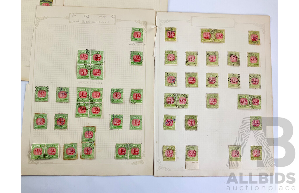 Collection of Australian 1910's- 1920's Postage Due Stamps, Blocks, Hand Cancel, Various Water Marks, Half Penny to Four Penny
