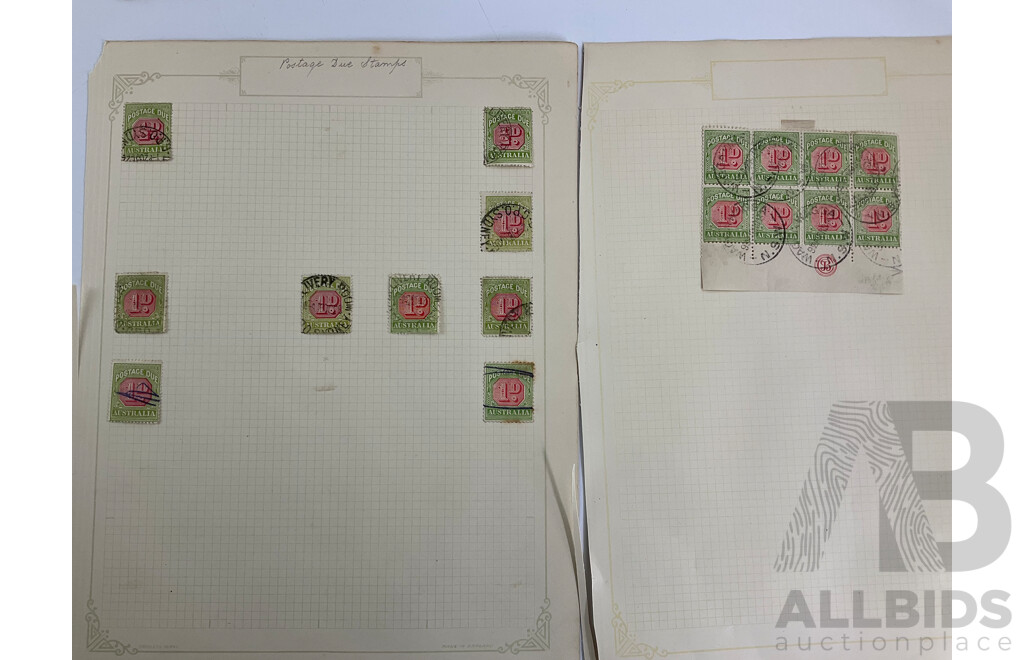 Collection of Australian 1910's- 1920's Postage Due Stamps, Blocks, Hand Cancel, Various Water Marks, Half Penny to Four Penny