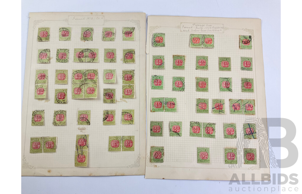 Collection of Australian 1910's- 1920's Postage Due Stamps, Blocks, Hand Cancel, Various Water Marks, Half Penny to Four Penny