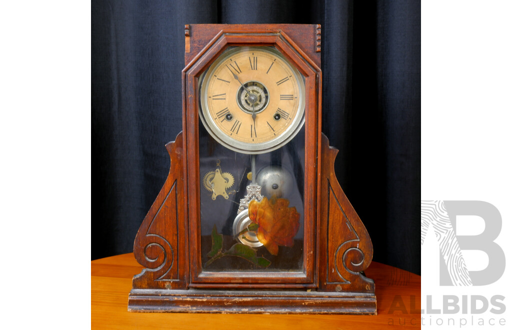 Timber Framed Eight Day Clinton Mantle Clock By Ansonia Clock Co