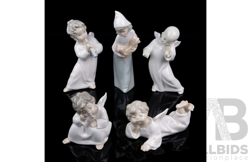 Collection Five Spanish Lladro Porcelain Children Figures, Four with Cherub Wings