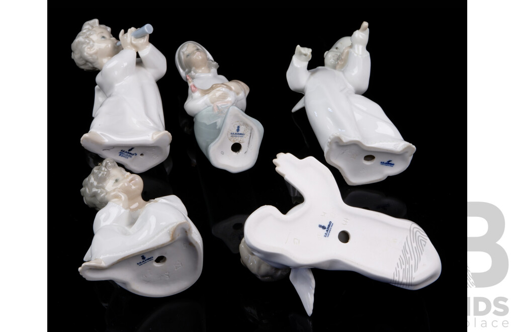 Collection Five Spanish Lladro Porcelain Children Figures, Four with Cherub Wings