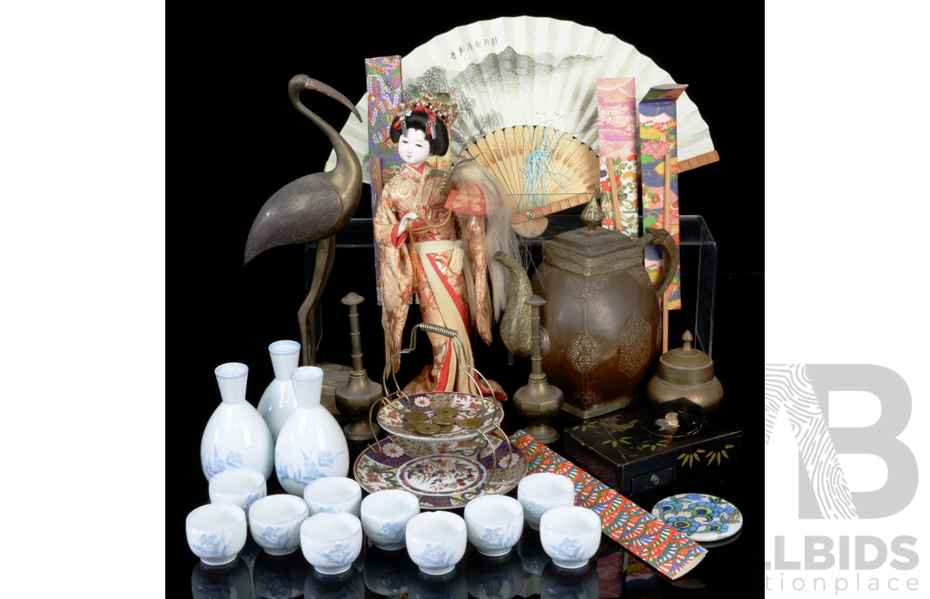 Collection Vintage Japanese and Sub Continental Wares Including Vintage Geisha Doll, Arita Porcelain Teacups and More