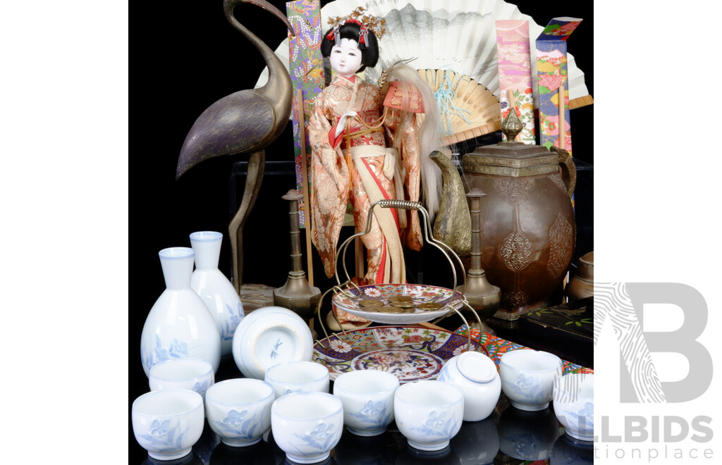 Collection Vintage Japanese and Sub Continental Wares Including Vintage Geisha Doll, Arita Porcelain Teacups and More