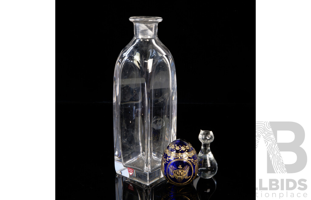 Mid Century Orrefors Decanter by Lars Hellsten, Glass Cat Figure and Russian Faberge Crystal Egg