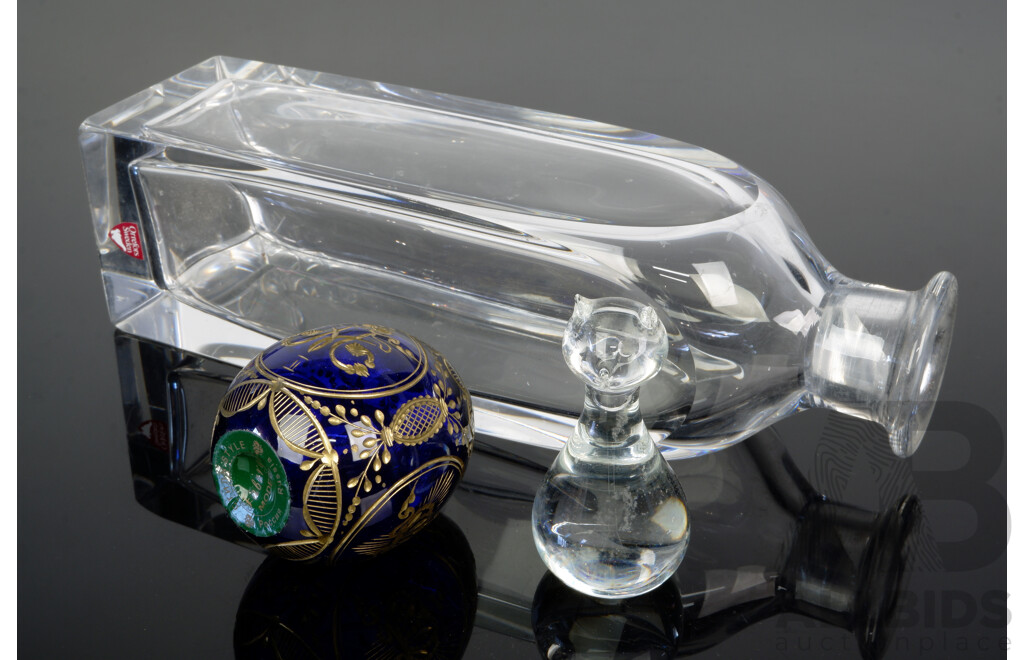 Mid Century Orrefors Decanter by Lars Hellsten, Glass Cat Figure and Russian Faberge Crystal Egg