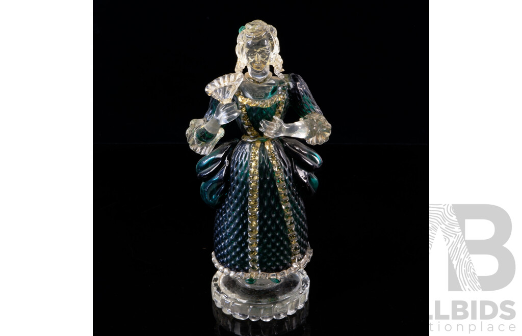 Vintage Murano Goldoni Emerald Green Glass Victorian Lady Figure with Aventurine Inclusions