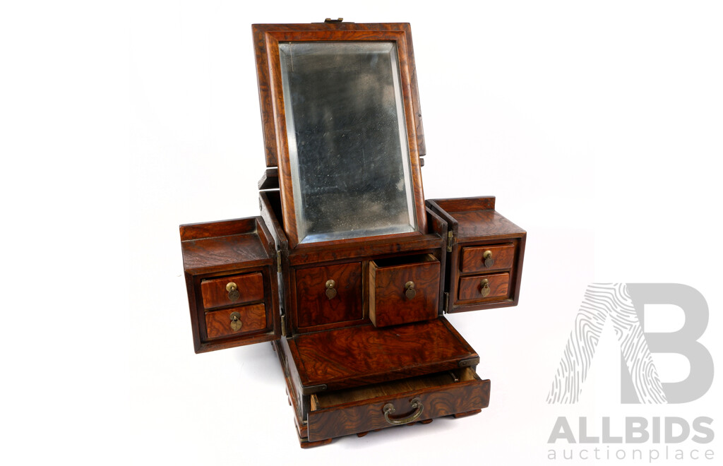 Vintage Korean Wooden Seven Drawer Dressing Table Vanity Chest with Fold Out Mirror and Brass Detail