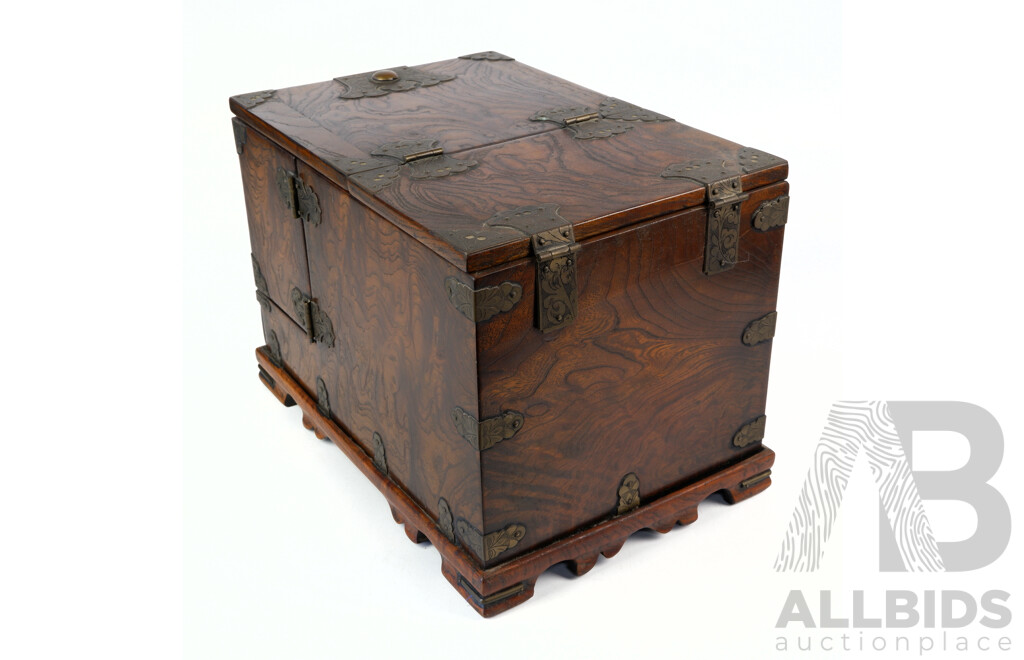 Vintage Korean Wooden Seven Drawer Dressing Table Vanity Chest with Fold Out Mirror and Brass Detail