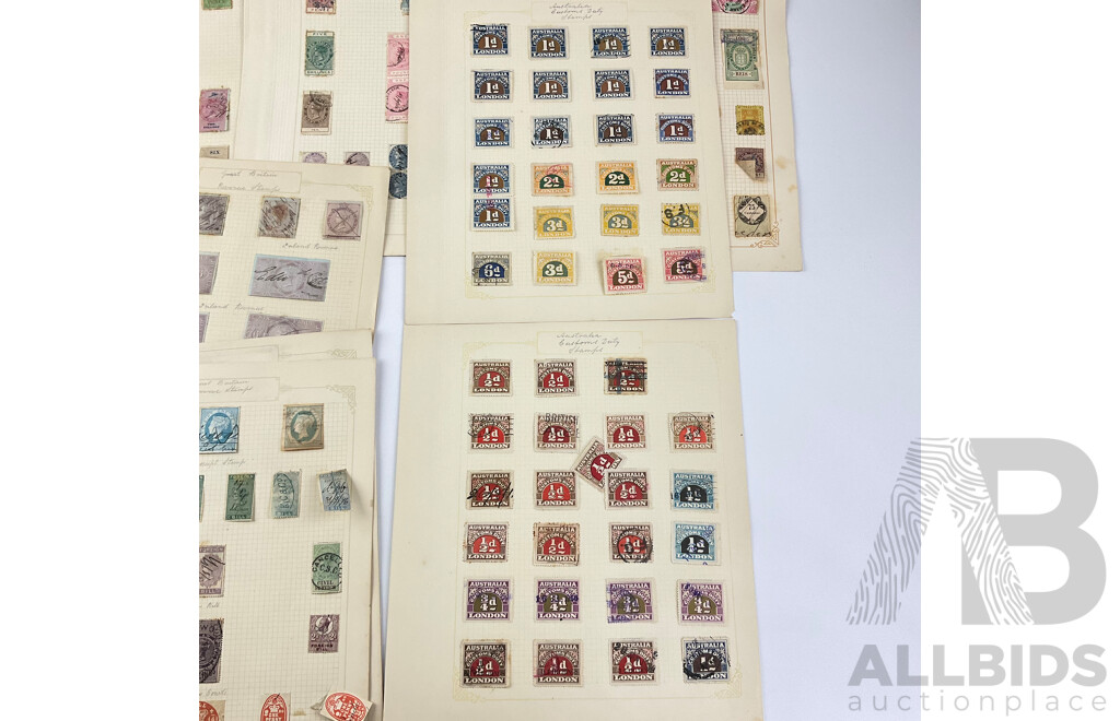 Collection of Antique and Vintage Stamps Including Australian Stamp Duty, United Kingdom Revenue Stamps, Romania, Austria, Hong Kong, Australia/London Customs Duty, New Zealand Railways and More