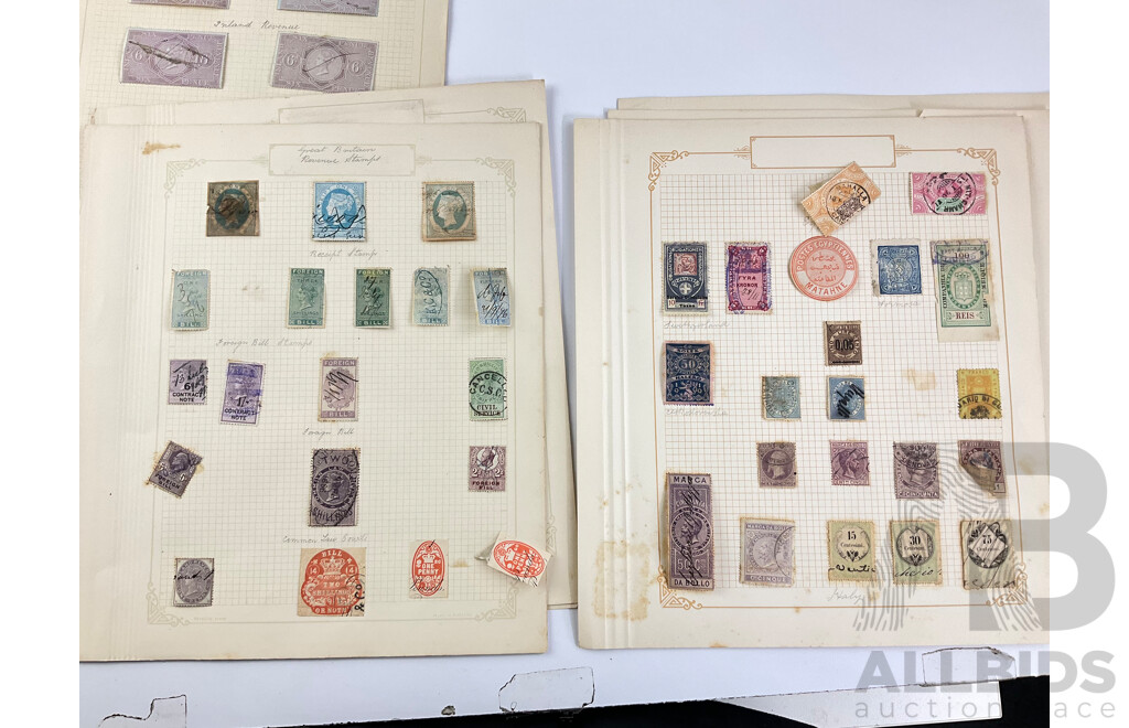 Collection of Antique and Vintage Stamps Including Australian Stamp Duty, United Kingdom Revenue Stamps, Romania, Austria, Hong Kong, Australia/London Customs Duty, New Zealand Railways and More