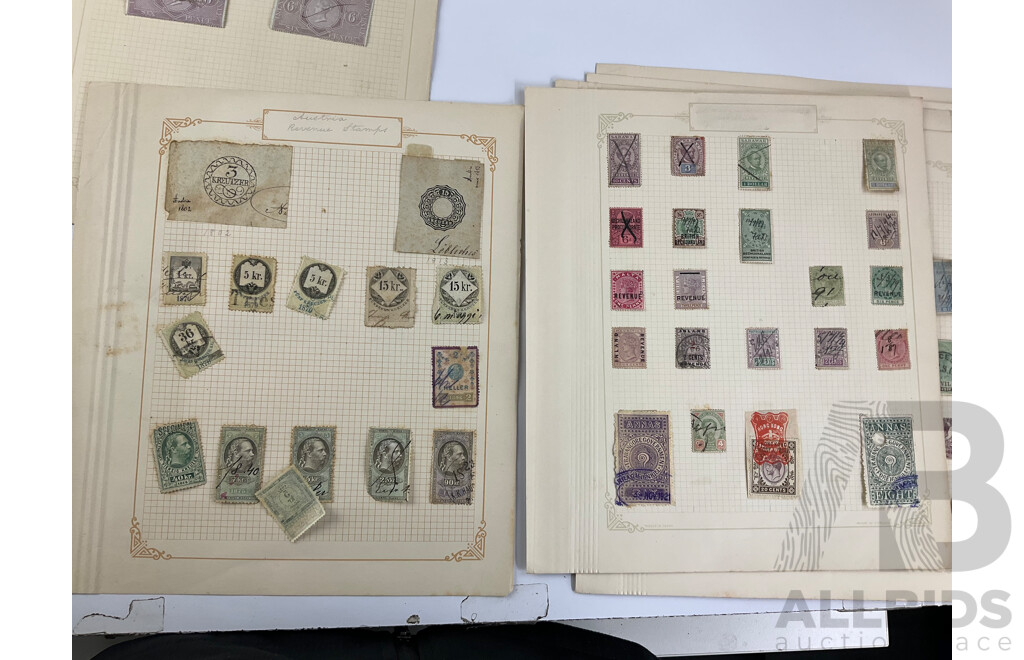 Collection of Antique and Vintage Stamps Including Australian Stamp Duty, United Kingdom Revenue Stamps, Romania, Austria, Hong Kong, Australia/London Customs Duty, New Zealand Railways and More