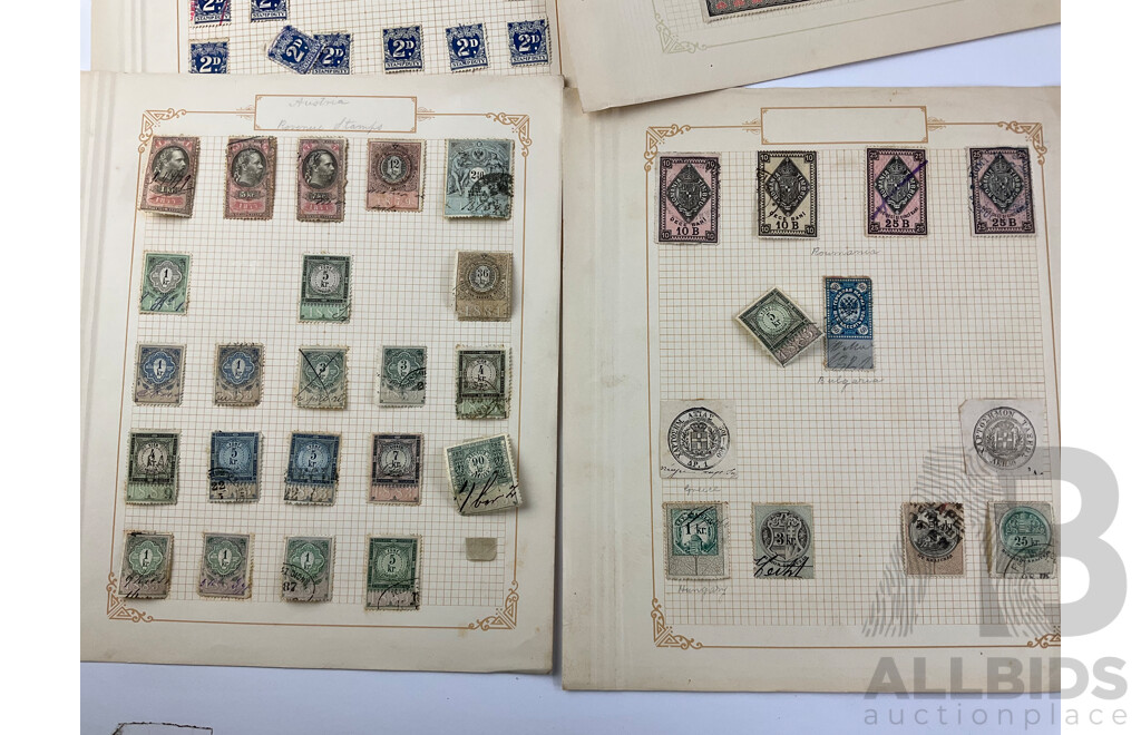 Collection of Antique and Vintage Stamps Including Australian Stamp Duty, United Kingdom Revenue Stamps, Romania, Austria, Hong Kong, Australia/London Customs Duty, New Zealand Railways and More