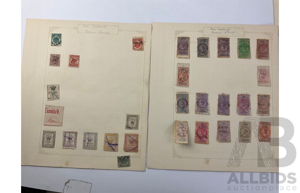 Collection of Antique and Vintage Stamps Including Australian Stamp Duty, United Kingdom Revenue Stamps, Romania, Austria, Hong Kong, Australia/London Customs Duty, New Zealand Railways and More