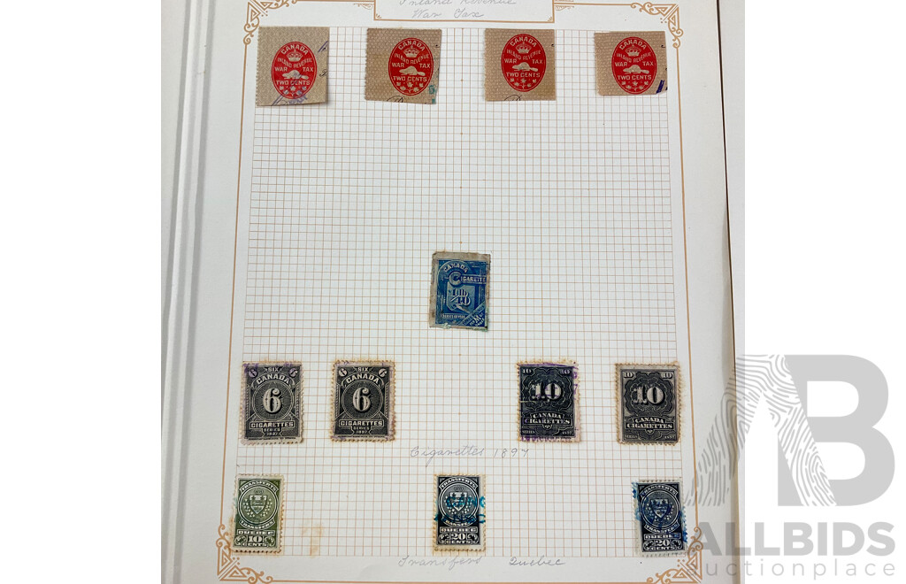 Collection of Canadian Antique Stamps Including War Tax, Customs, Excise, Bill, Law and 1887 Cigarettes