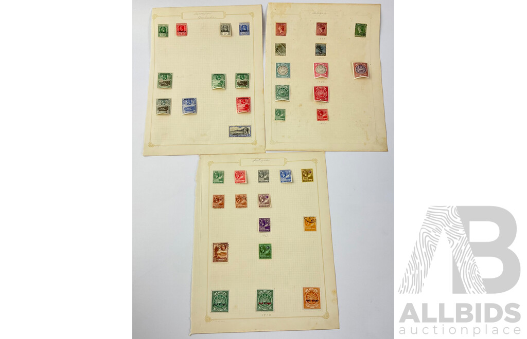 Collection of Antigua and Ascension Barbuda Antique Hinged Stamps Including QV, KGV and War Stamps