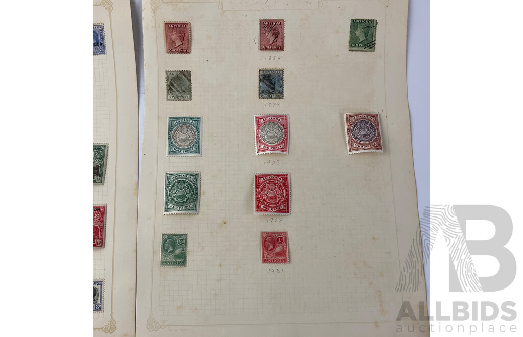 Collection of Antigua and Ascension Barbuda Antique Hinged Stamps Including QV, KGV and War Stamps