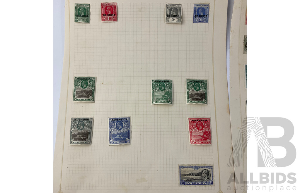 Collection of Antigua and Ascension Barbuda Antique Hinged Stamps Including QV, KGV and War Stamps