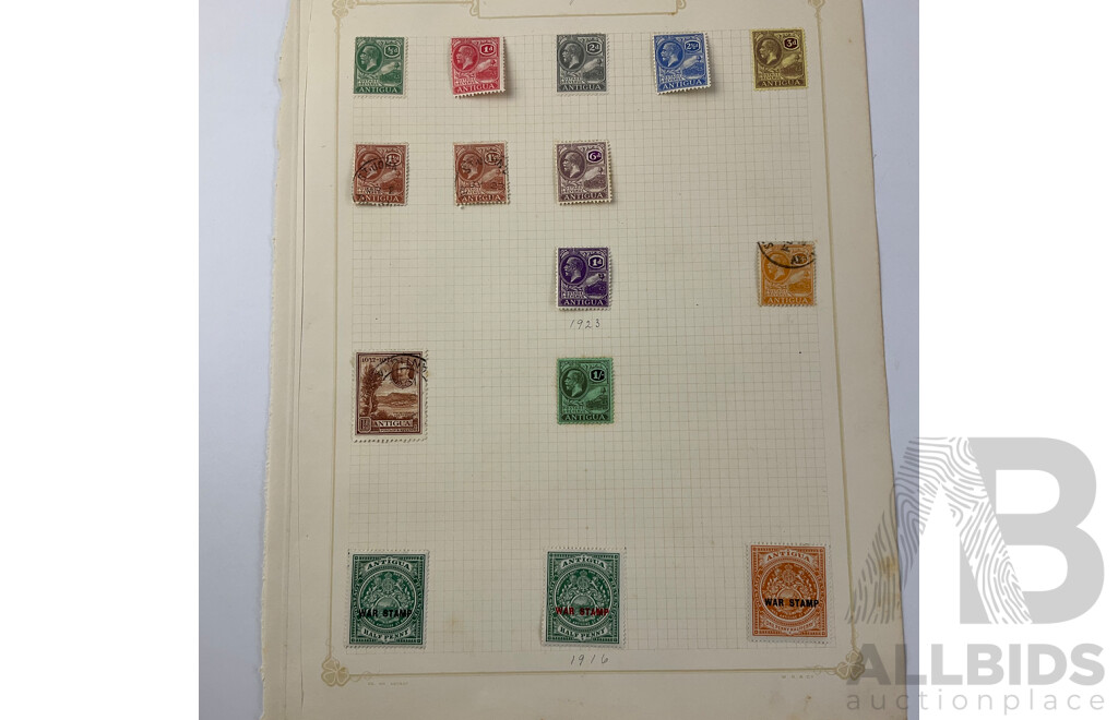 Collection of Antigua and Ascension Barbuda Antique Hinged Stamps Including QV, KGV and War Stamps