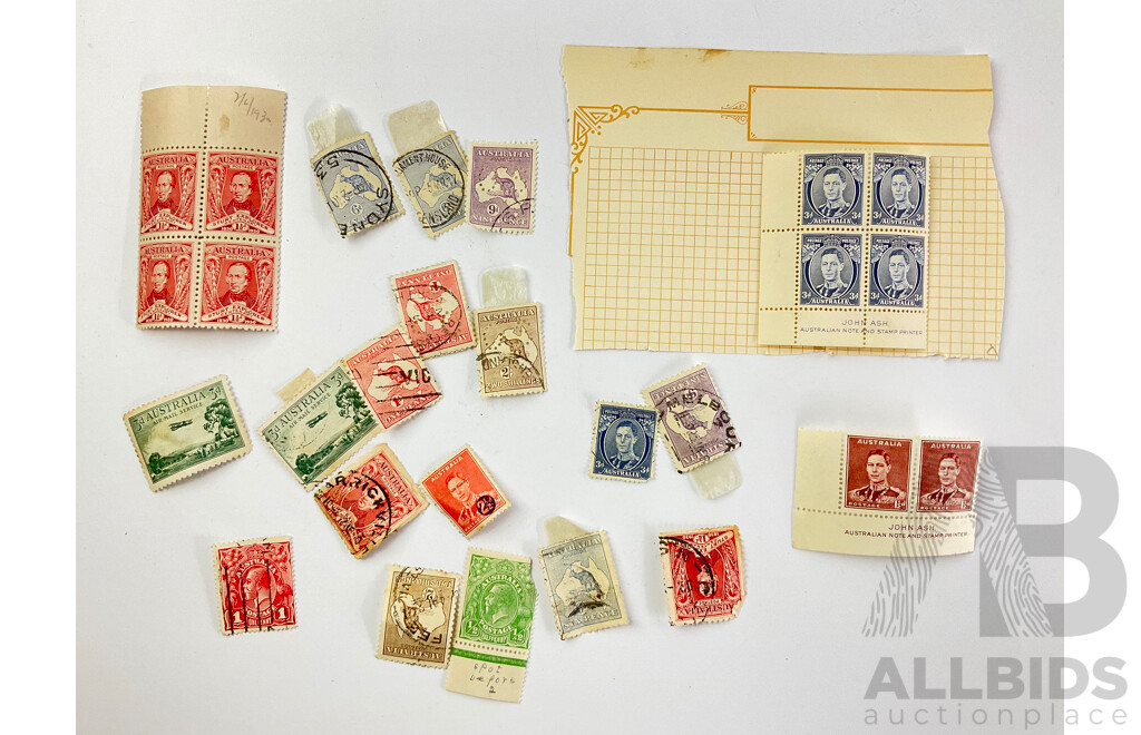 Australian Hinged Mint and Cancelled Predecimal Stamps Including KGVI Three Penny, One and Half Penny Blocks - John Ash Note and Stamp Printers