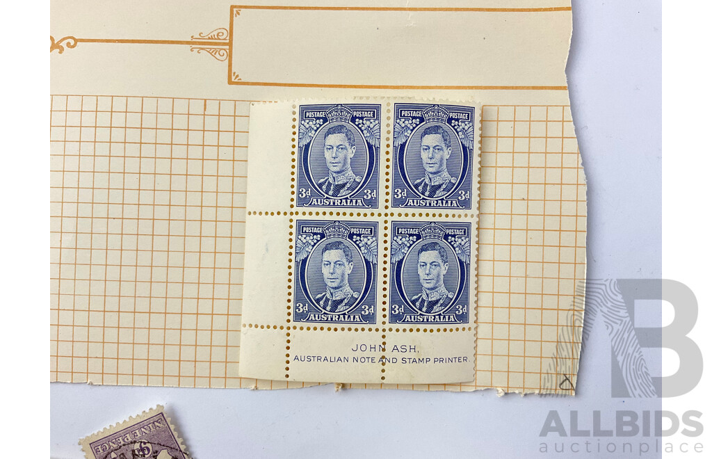 Australian Hinged Mint and Cancelled Predecimal Stamps Including KGVI Three Penny, One and Half Penny Blocks - John Ash Note and Stamp Printers