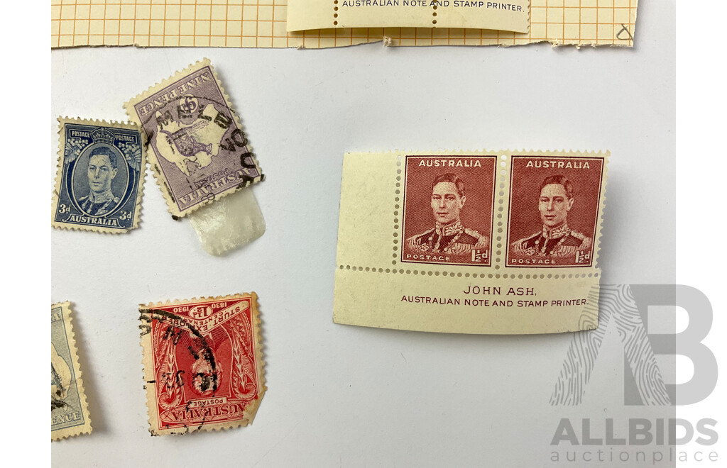 Australian Hinged Mint and Cancelled Predecimal Stamps Including KGVI Three Penny, One and Half Penny Blocks - John Ash Note and Stamp Printers