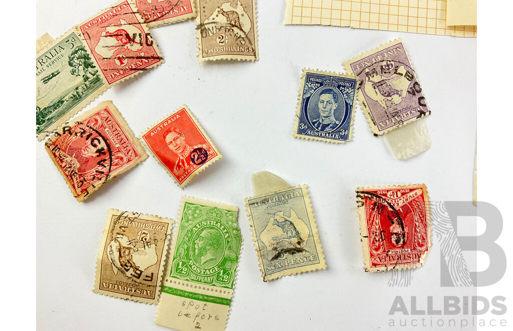 Australian Hinged Mint and Cancelled Predecimal Stamps Including KGVI Three Penny, One and Half Penny Blocks - John Ash Note and Stamp Printers