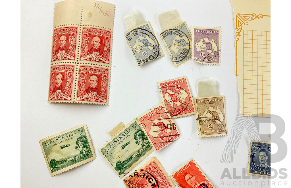 Australian Hinged Mint and Cancelled Predecimal Stamps Including KGVI Three Penny, One and Half Penny Blocks - John Ash Note and Stamp Printers