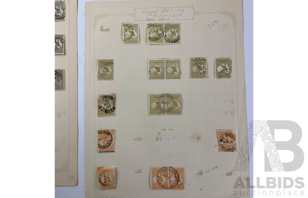 Australian 1913 Predecimal Kangaroo Stamps Including Half, One, Two, Two and Half, Three, Four, Five, Six, Nine Penny and One Shilling, First Crown Over 'A' Water Marks