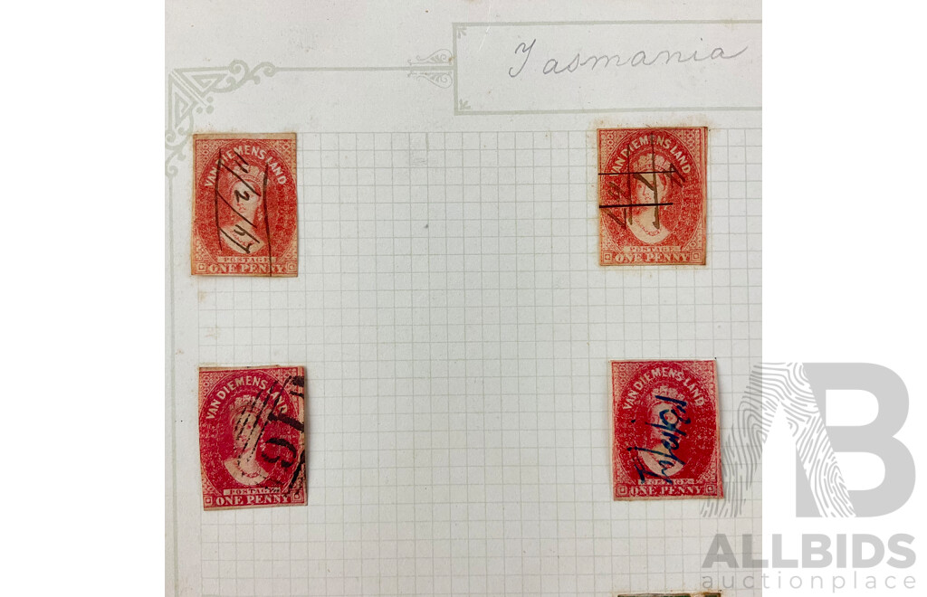 Nine Australian Pre Federation QV Hinged Stamps, Van Diemen's Land, One, Two and Four Penny