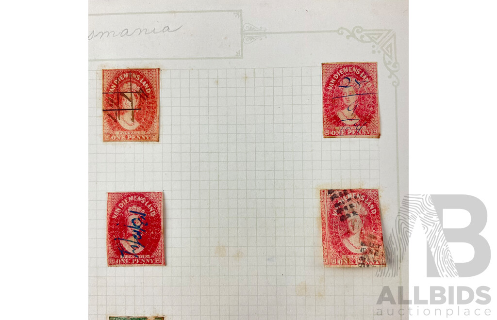 Nine Australian Pre Federation QV Hinged Stamps, Van Diemen's Land, One, Two and Four Penny