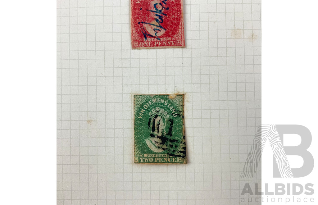 Nine Australian Pre Federation QV Hinged Stamps, Van Diemen's Land, One, Two and Four Penny