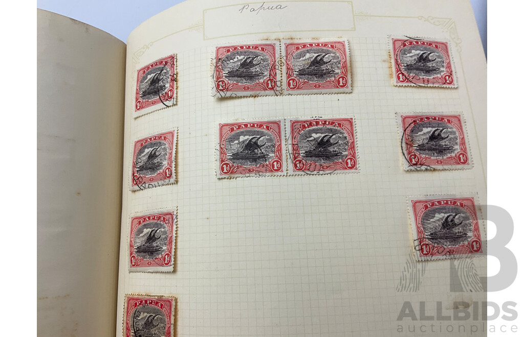 Two Albums of Antique and Vintage Hinged Stamps Including French Colonies, USA, Greece, Papua, United Kingdom, Russia and More