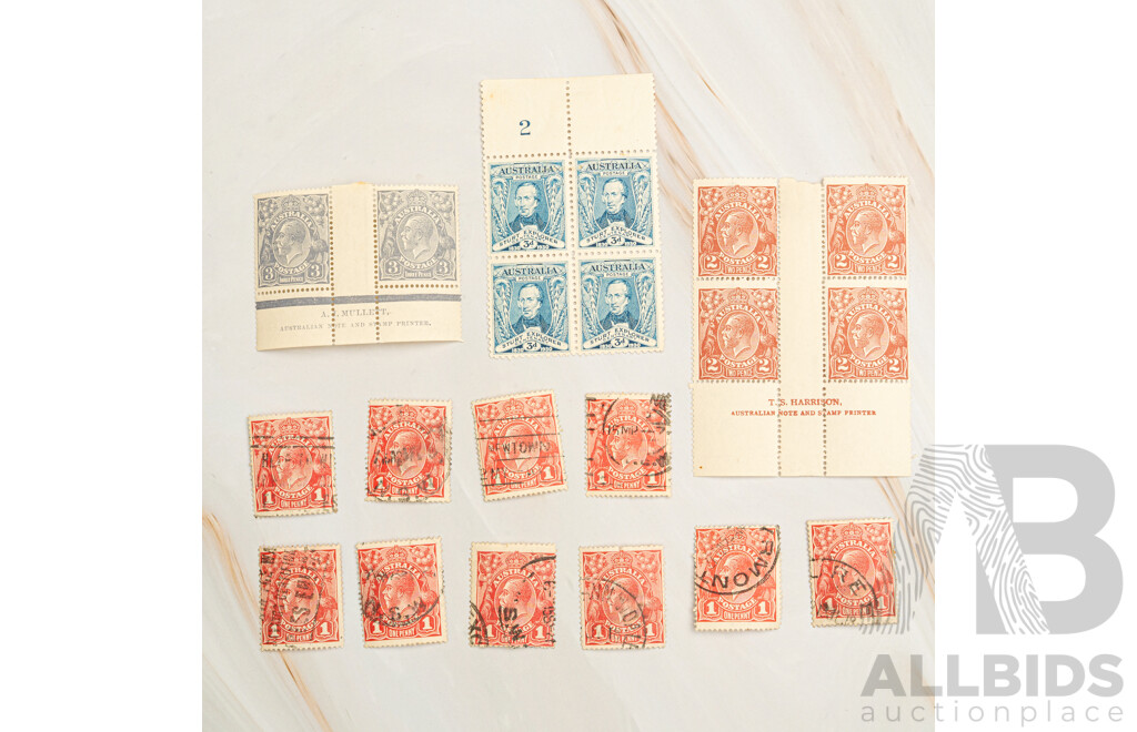 Australian Predecimal Stamps Including 1924 KGV Hinged/Blocks, T.S Harrison and A.J Mullett Printers, Crown Over 'A' Water Marks and 1930 Sturt Explorer Centenary Block