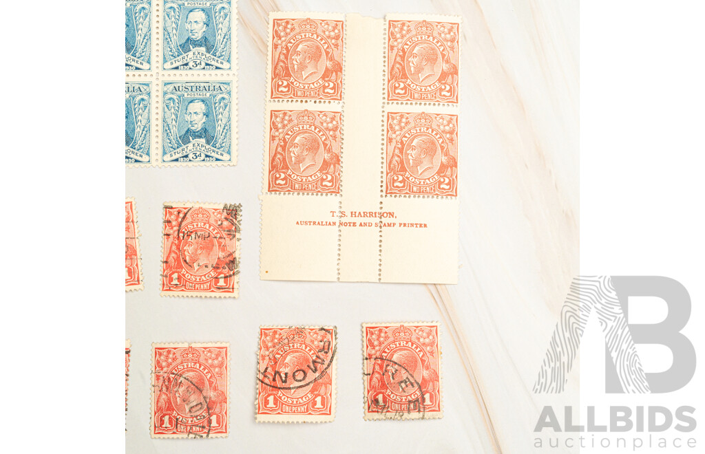 Australian Predecimal Stamps Including 1924 KGV Hinged/Blocks, T.S Harrison and A.J Mullett Printers, Crown Over 'A' Water Marks and 1930 Sturt Explorer Centenary Block