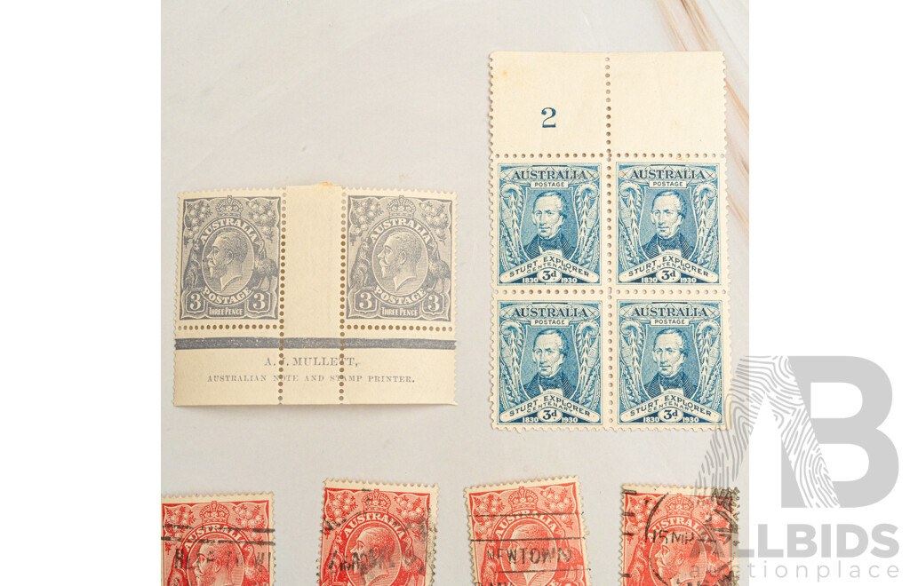 Australian Predecimal Stamps Including 1924 KGV Hinged/Blocks, T.S Harrison and A.J Mullett Printers, Crown Over 'A' Water Marks and 1930 Sturt Explorer Centenary Block