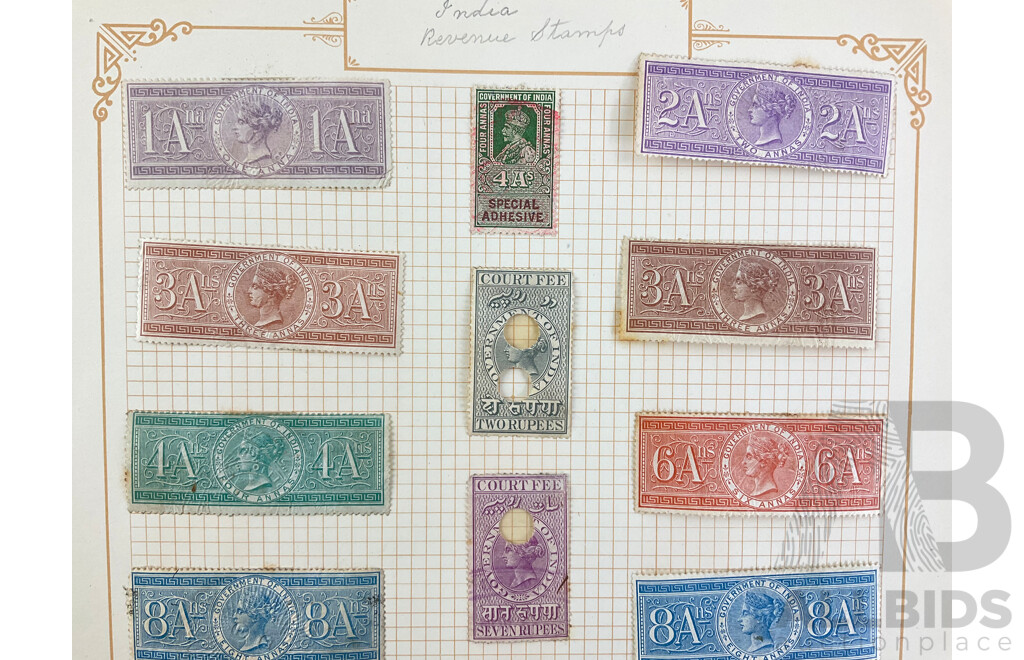Government of India QV, KGV Revenue Stamps, One Anna to Seven Ruppees
