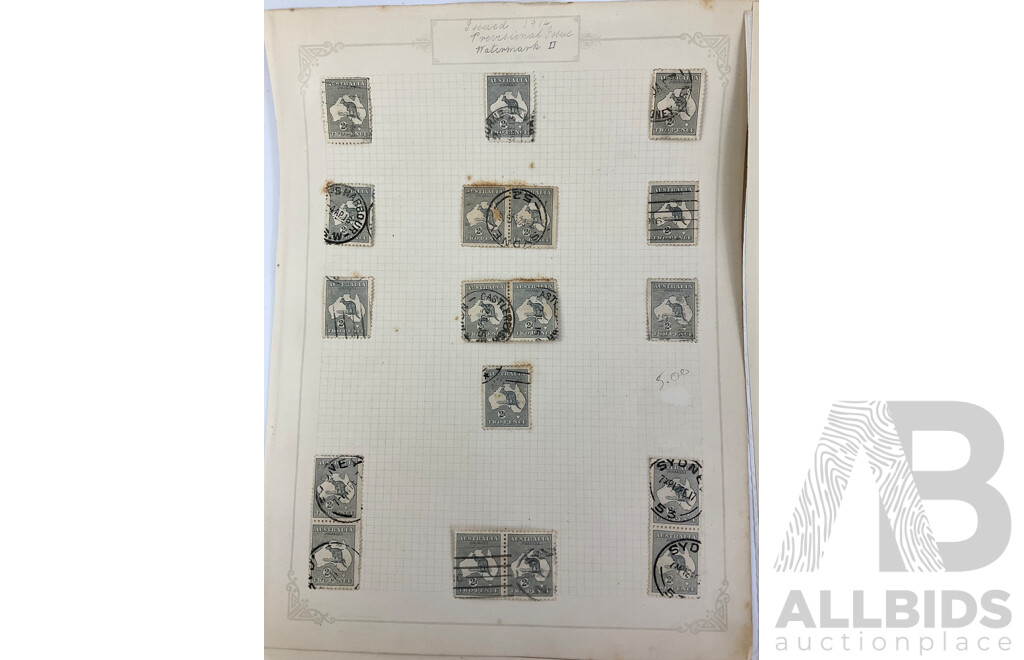 Australian 1914 - 1919 Kangaroo on Map Stamps, Crown Over 'A' - Sideways Water Marks, MInt Hinged Pair One Shilling Â.J Mullett Printers, 2D to 5/