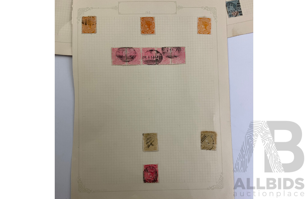 Australian Tasmania Pre Federation/Predecimal Stamps Including Mint/Hinged and Overprints, QV, Tasman's Arch, Mount Wellington, Lake Marion, Hand Cancel