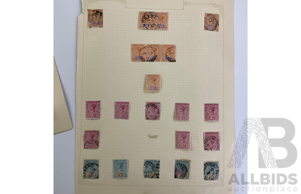 Australian Tasmania Pre Federation/Predecimal Stamps Including Mint/Hinged and Overprints, QV, Tasman's Arch, Mount Wellington, Lake Marion, Hand Cancel