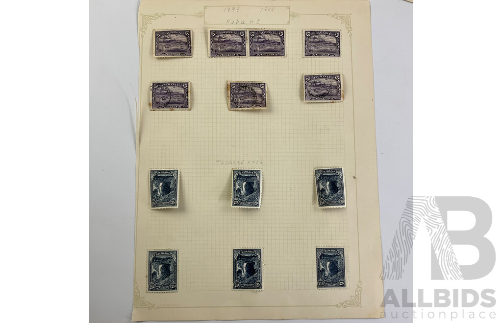 Australian Tasmania Pre Federation/Predecimal Stamps Including Mint/Hinged and Overprints, QV, Tasman's Arch, Mount Wellington, Lake Marion, Hand Cancel