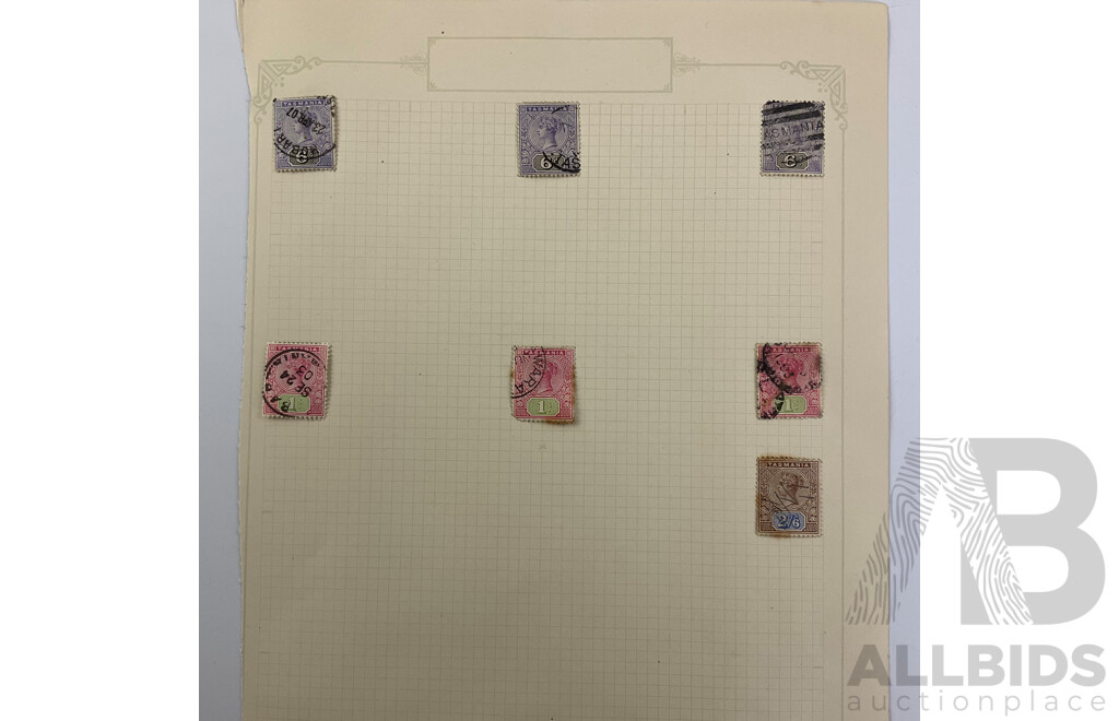 Australian Tasmania Pre Federation/Predecimal Stamps Including Mint/Hinged and Overprints, QV, Tasman's Arch, Mount Wellington, Lake Marion, Hand Cancel