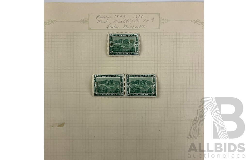 Australian Tasmania Pre Federation/Predecimal Stamps Including Mint/Hinged and Overprints, QV, Tasman's Arch, Mount Wellington, Lake Marion, Hand Cancel