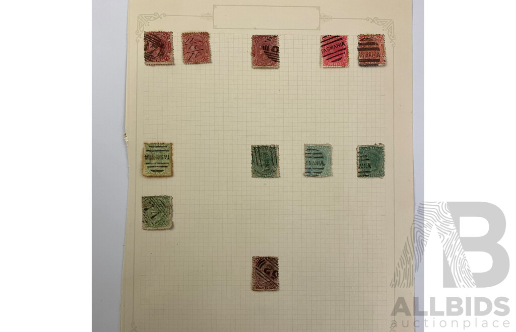 Australian Tasmania Pre Federation/Predecimal Stamps Including Mint/Hinged and Overprints, QV, Tasman's Arch, Mount Wellington, Lake Marion, Hand Cancel